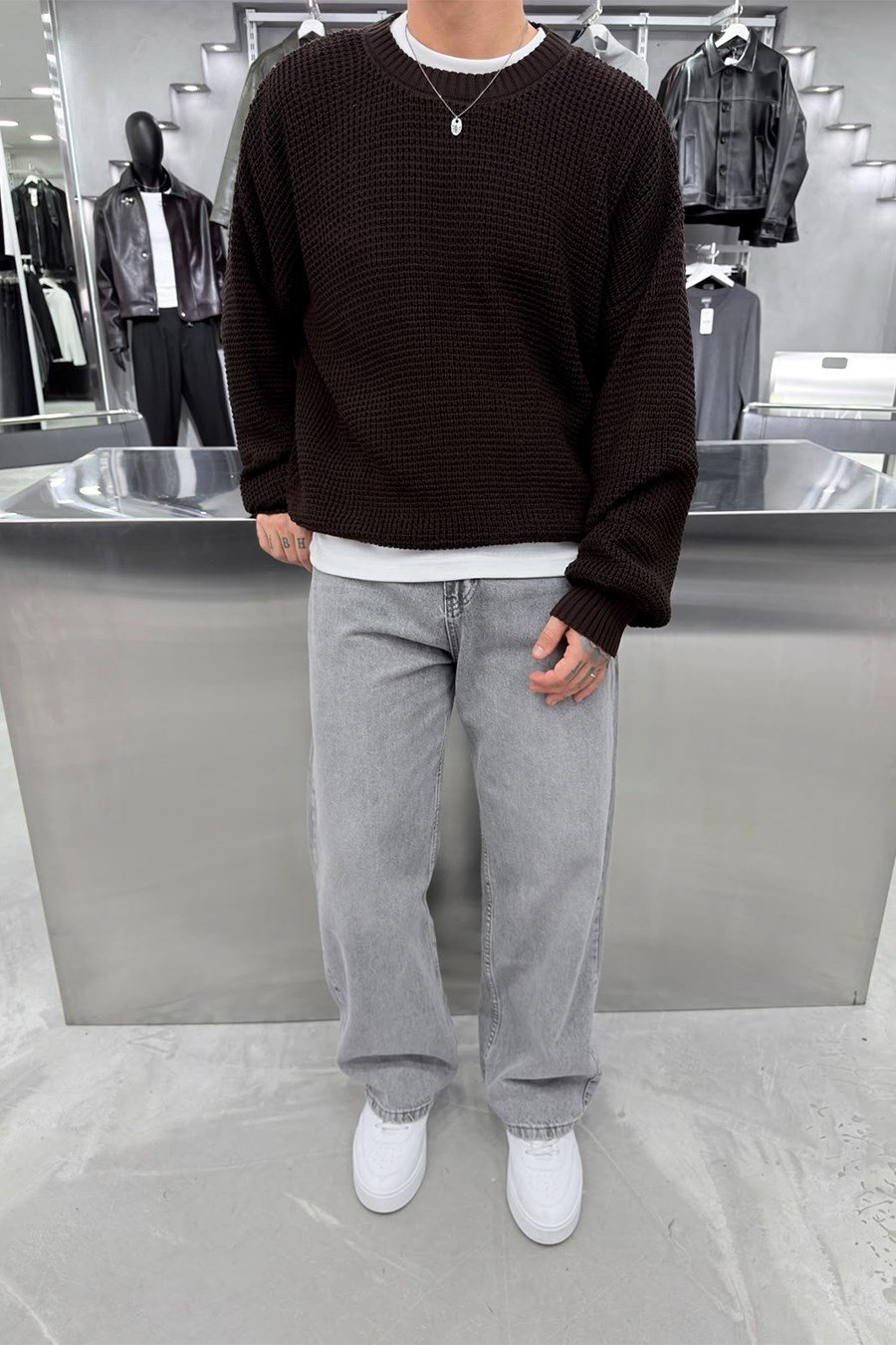 Kahverengi Basic Örgülü Oversize Triko Kazak
