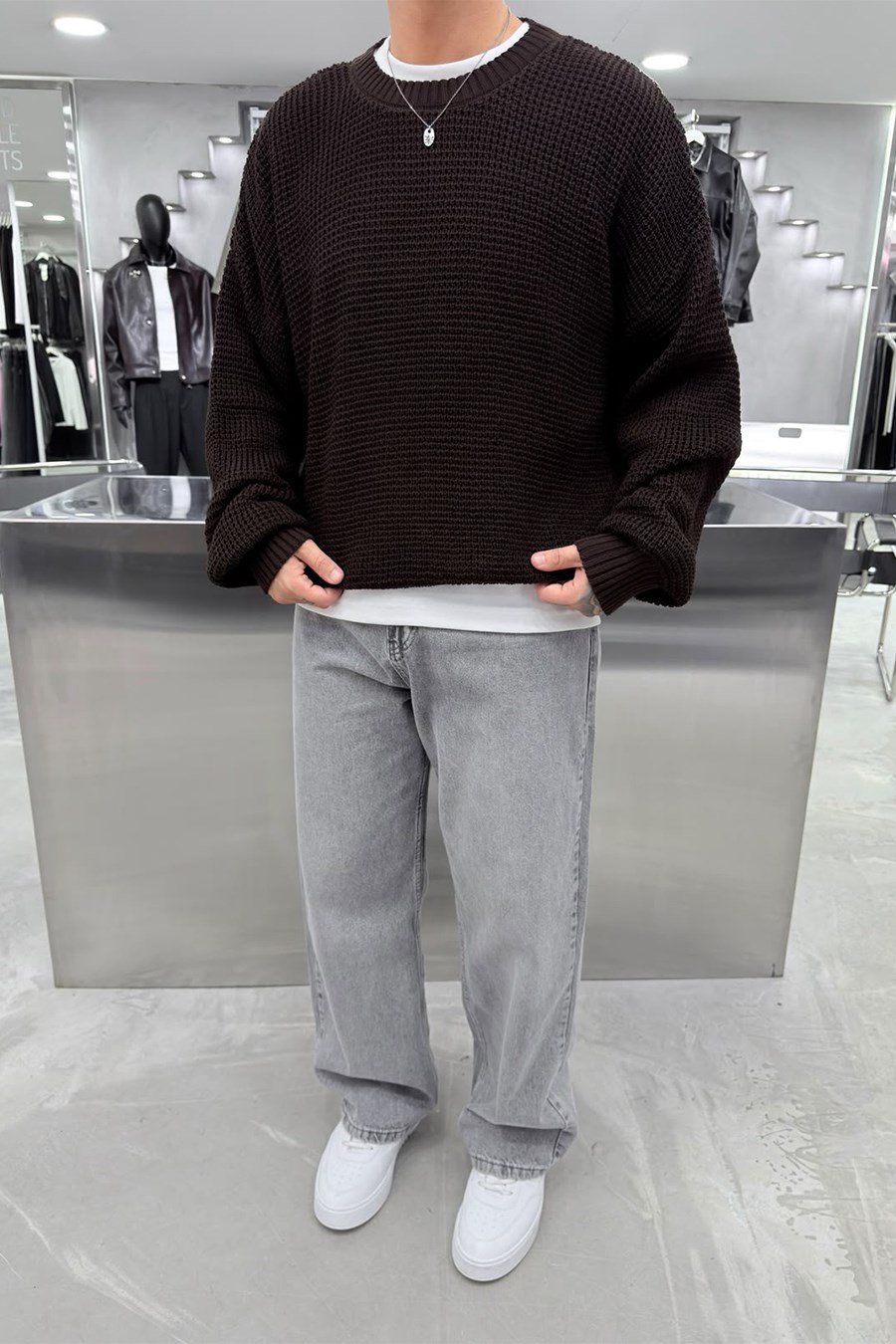 Kahverengi Basic Örgülü Oversize Triko Kazak