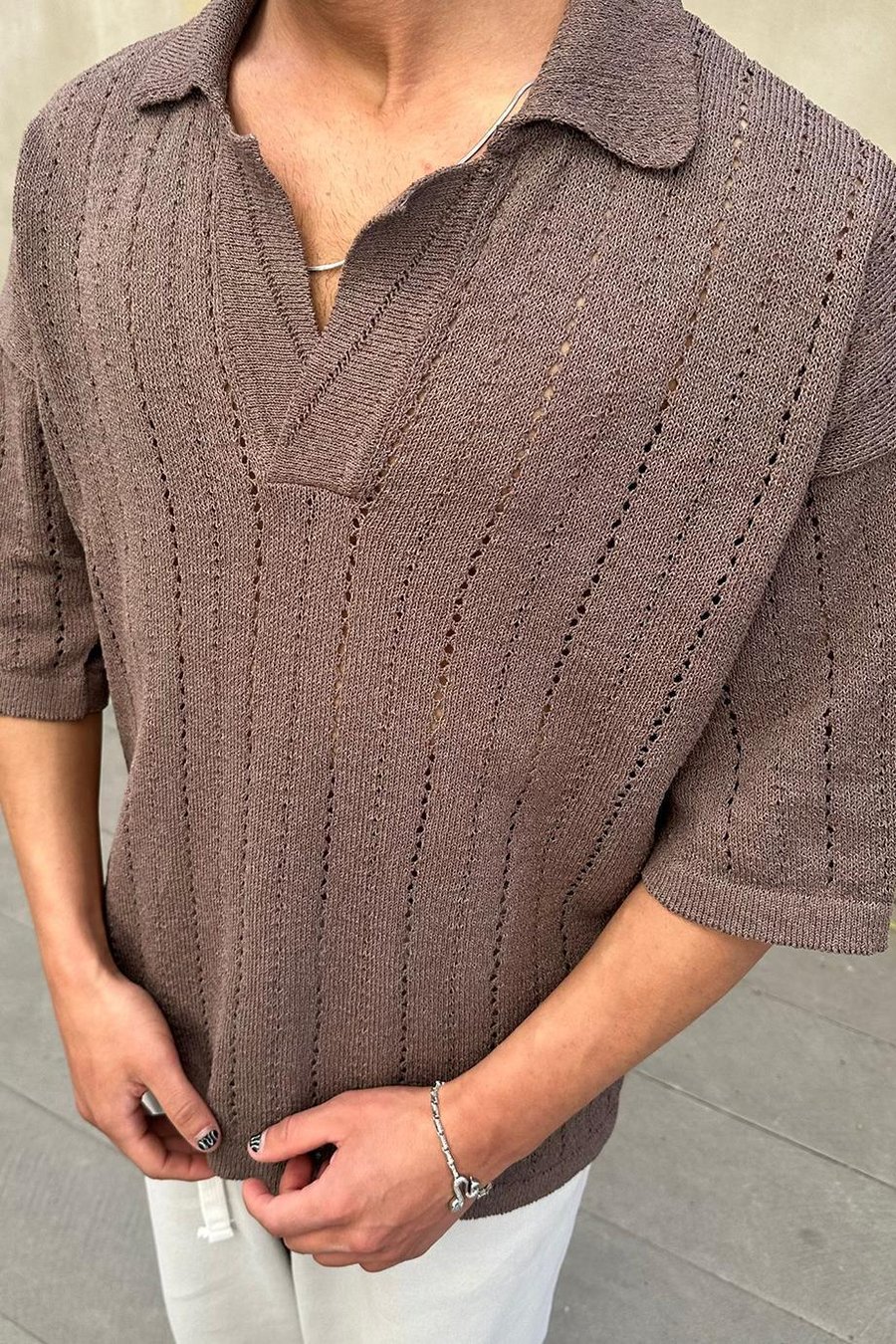 Kahverengi Basic Örme Triko GO Polo Yaka Oversize Tişört