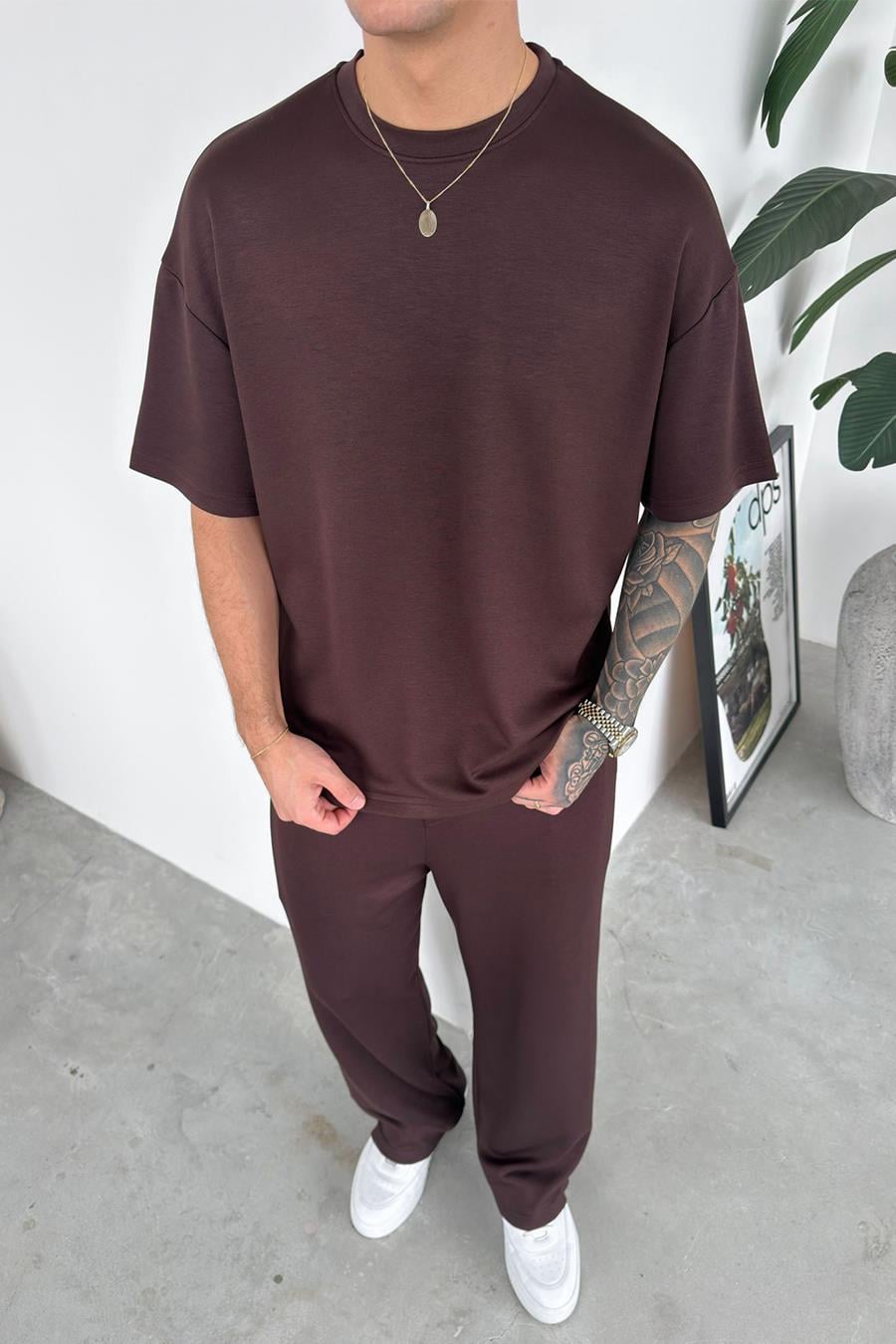 Kahverengi Basic Oysh Kumaş Oversize Tişört