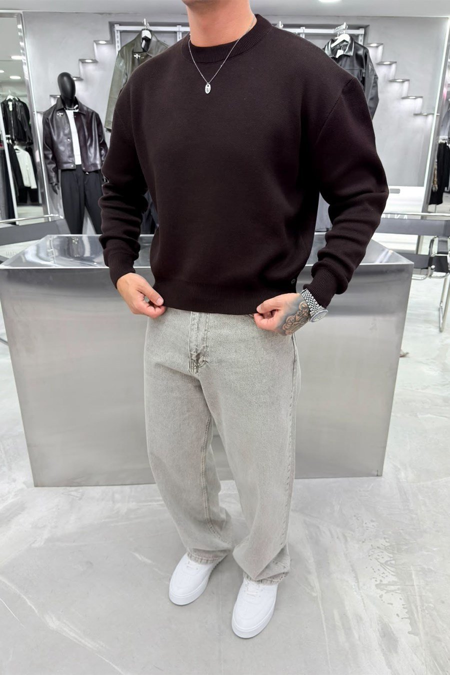 Kahverengi Basic Premium Düğme Detaylı Boxy Fit Kazak