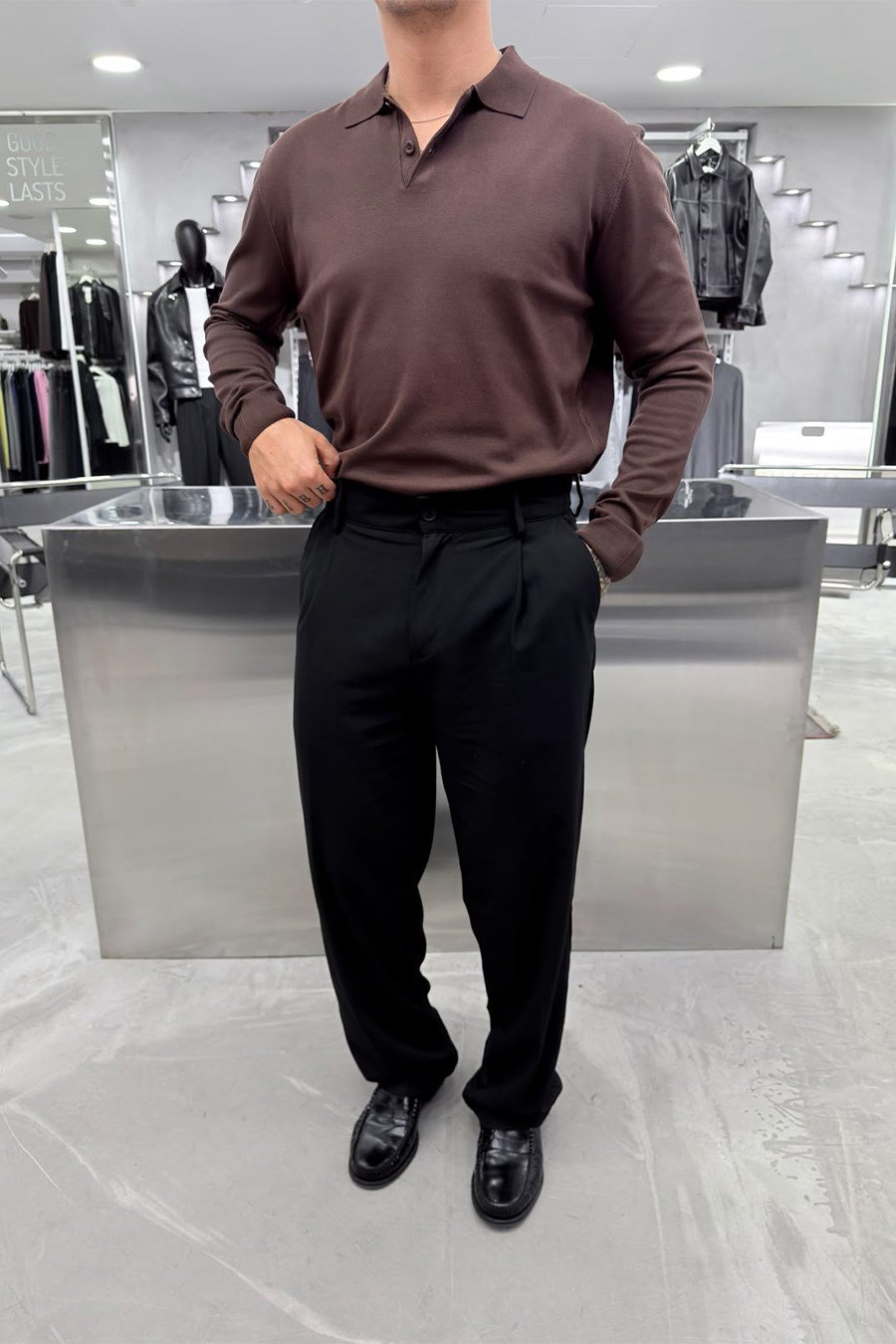 Kahverengi Basic Premium Oversize Polo Yaka Tişört