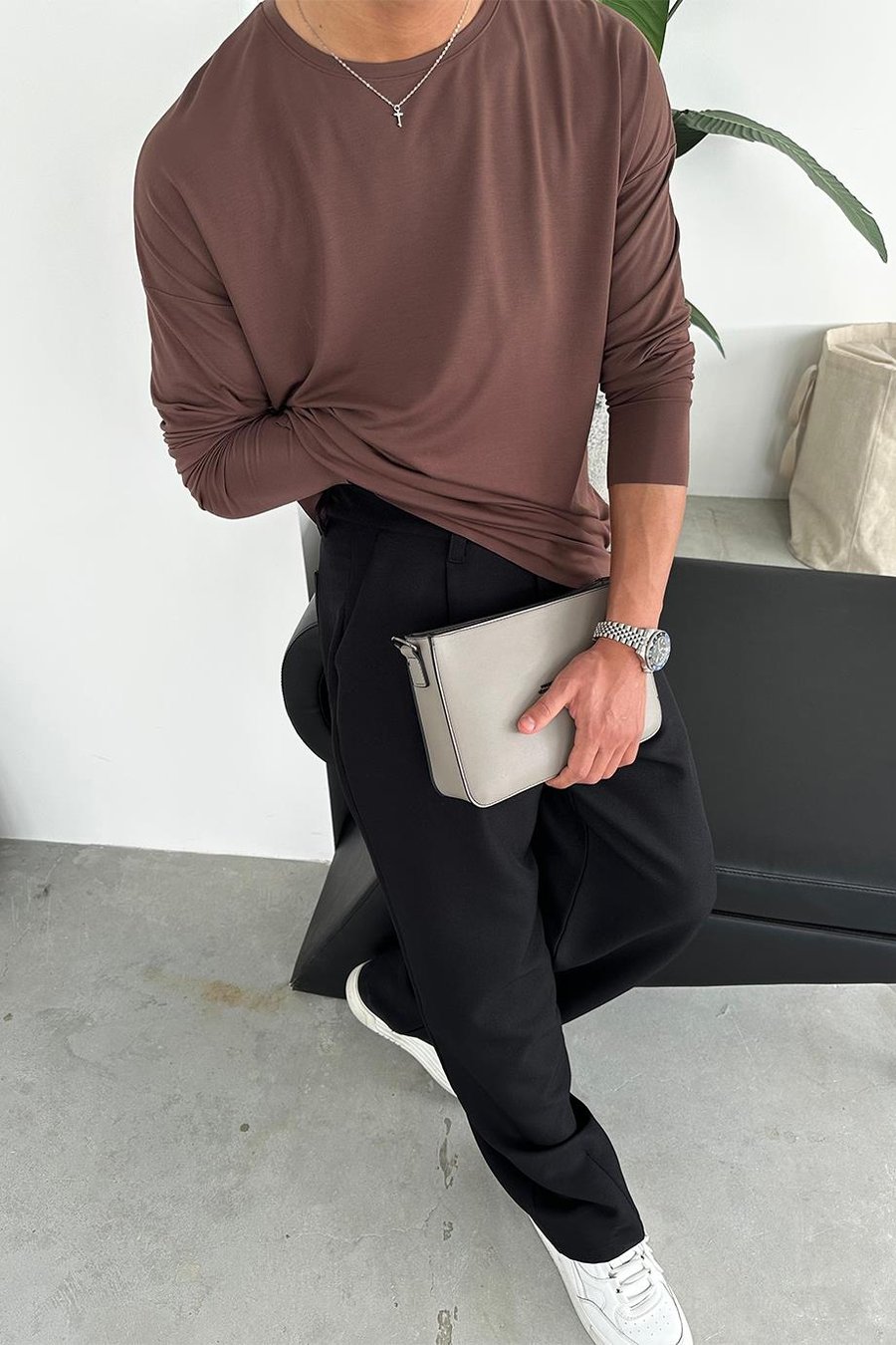 Kahverengi Basic Soft Likralı Relax Fit Uzun Kollu Tişört