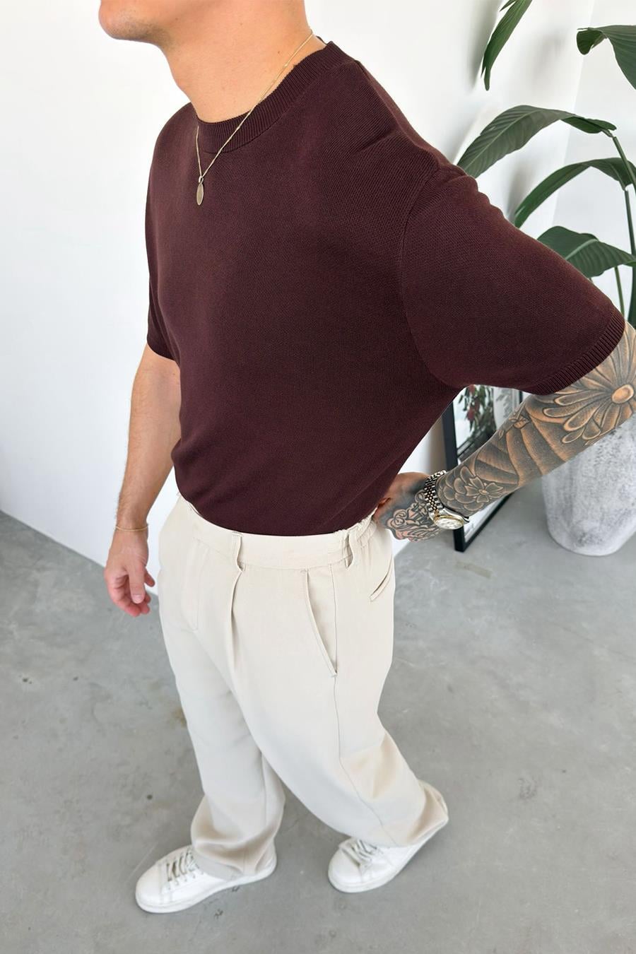 Kahverengi Basic Triko Relaxed Tişört