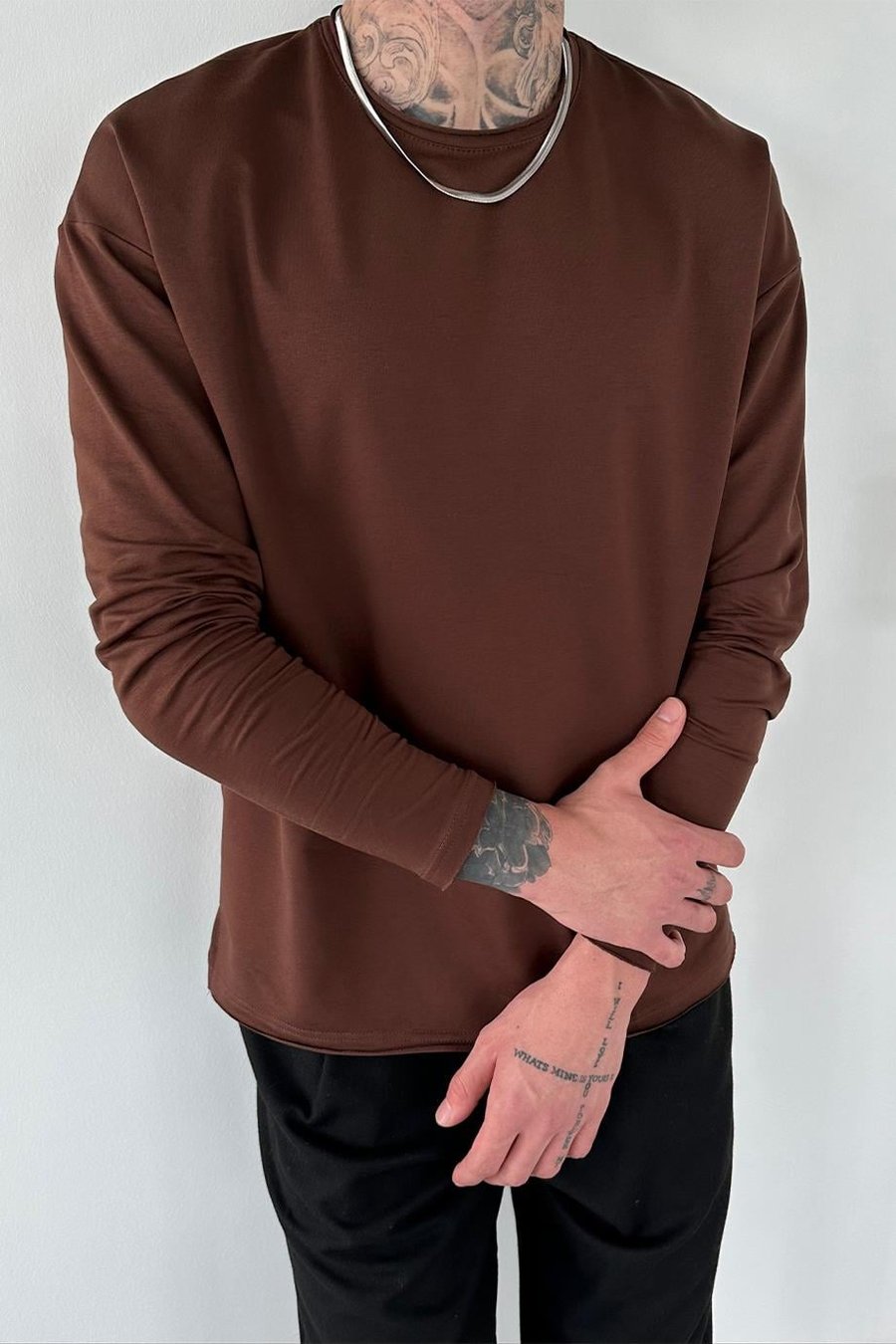 Kahverengi Basic Uzun Kollu Oversize Tişört