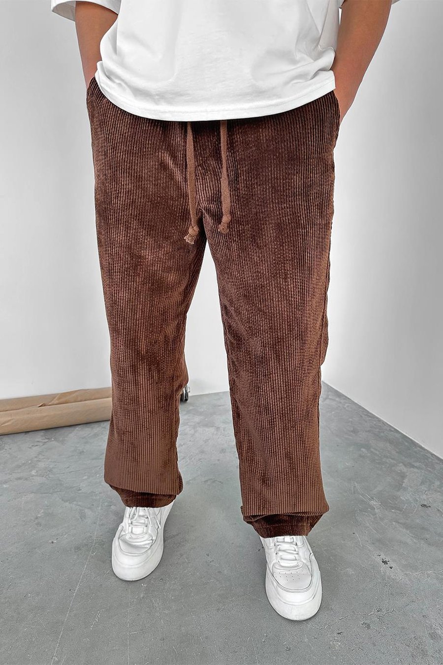 Kahverengi Beli Lastikli Ayarlanabilir Kadife Baggy Pantolon