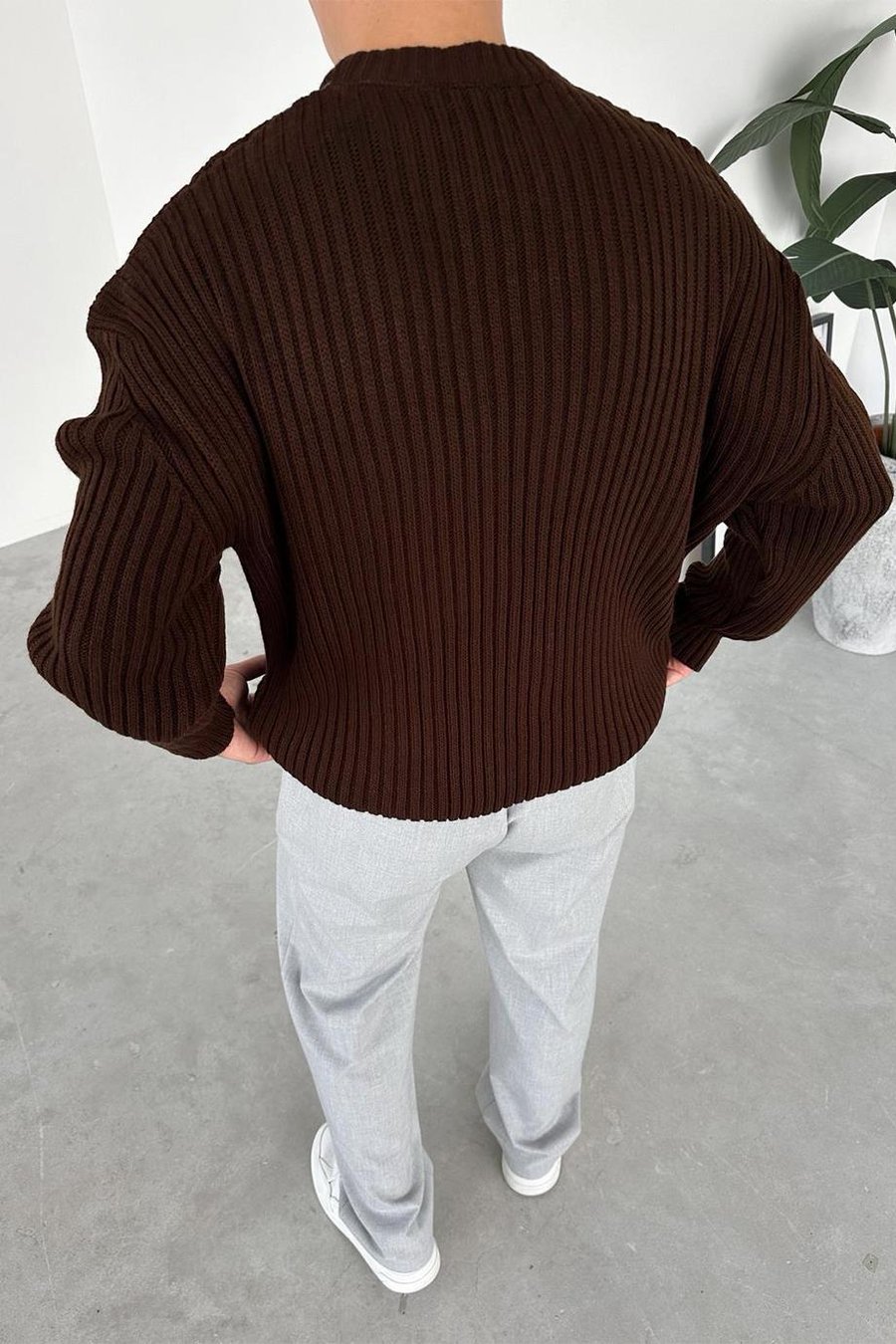 Kahverengi Bisiklet Yaka Fitilli Oversize Triko Kazak