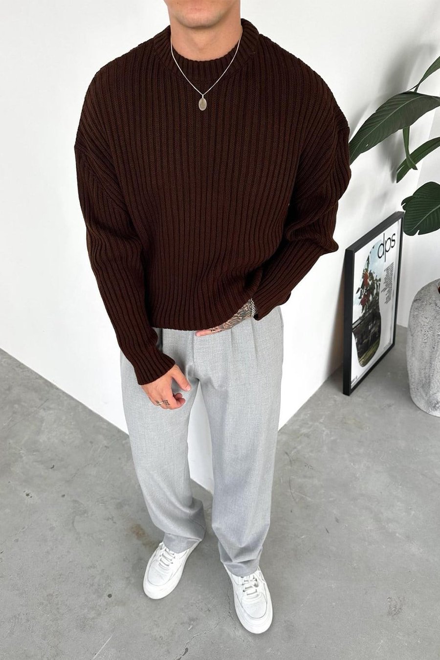 Kahverengi Bisiklet Yaka Fitilli Oversize Triko Kazak