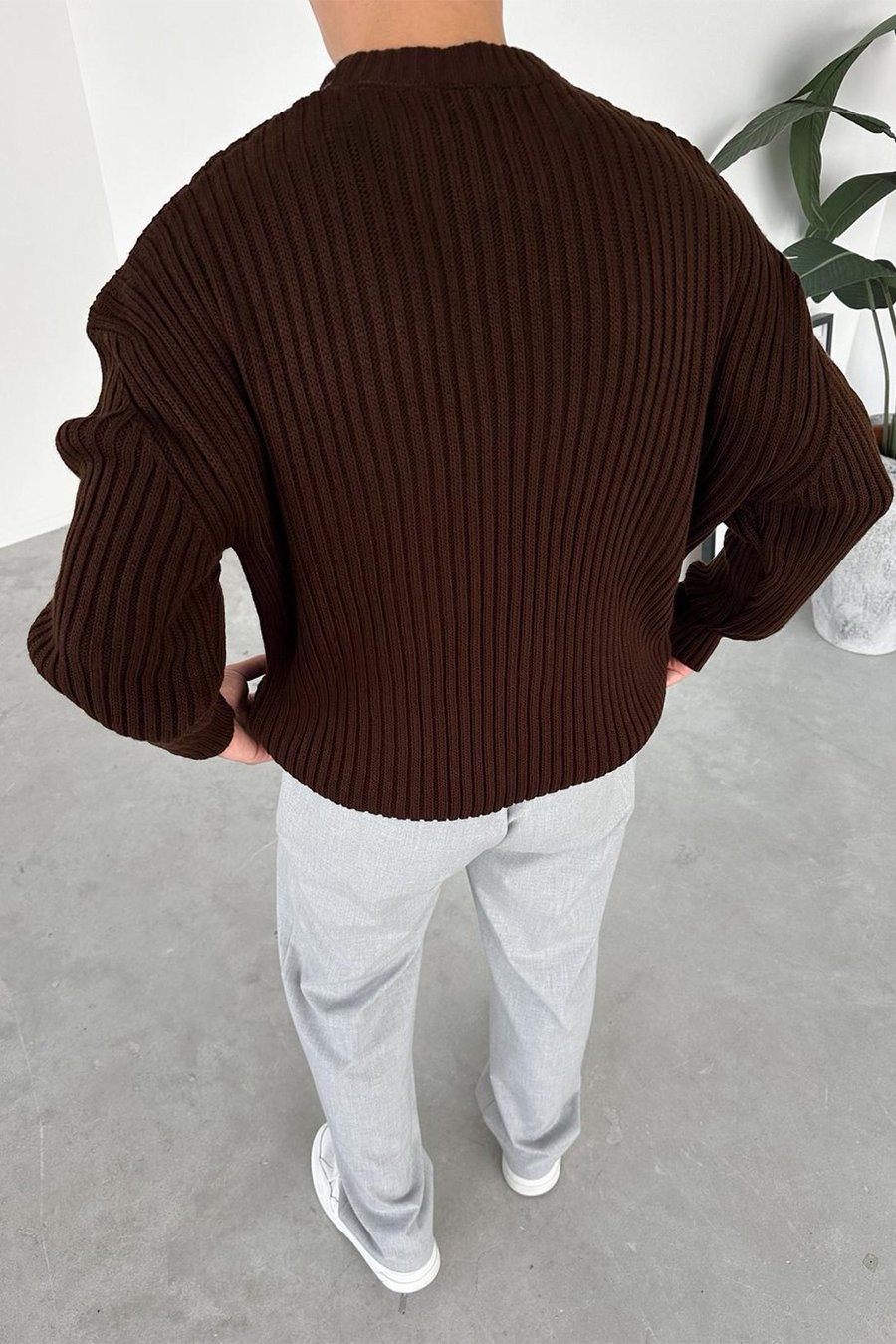 Kahverengi Bisiklet Yaka Fitilli Oversize Triko Kazak