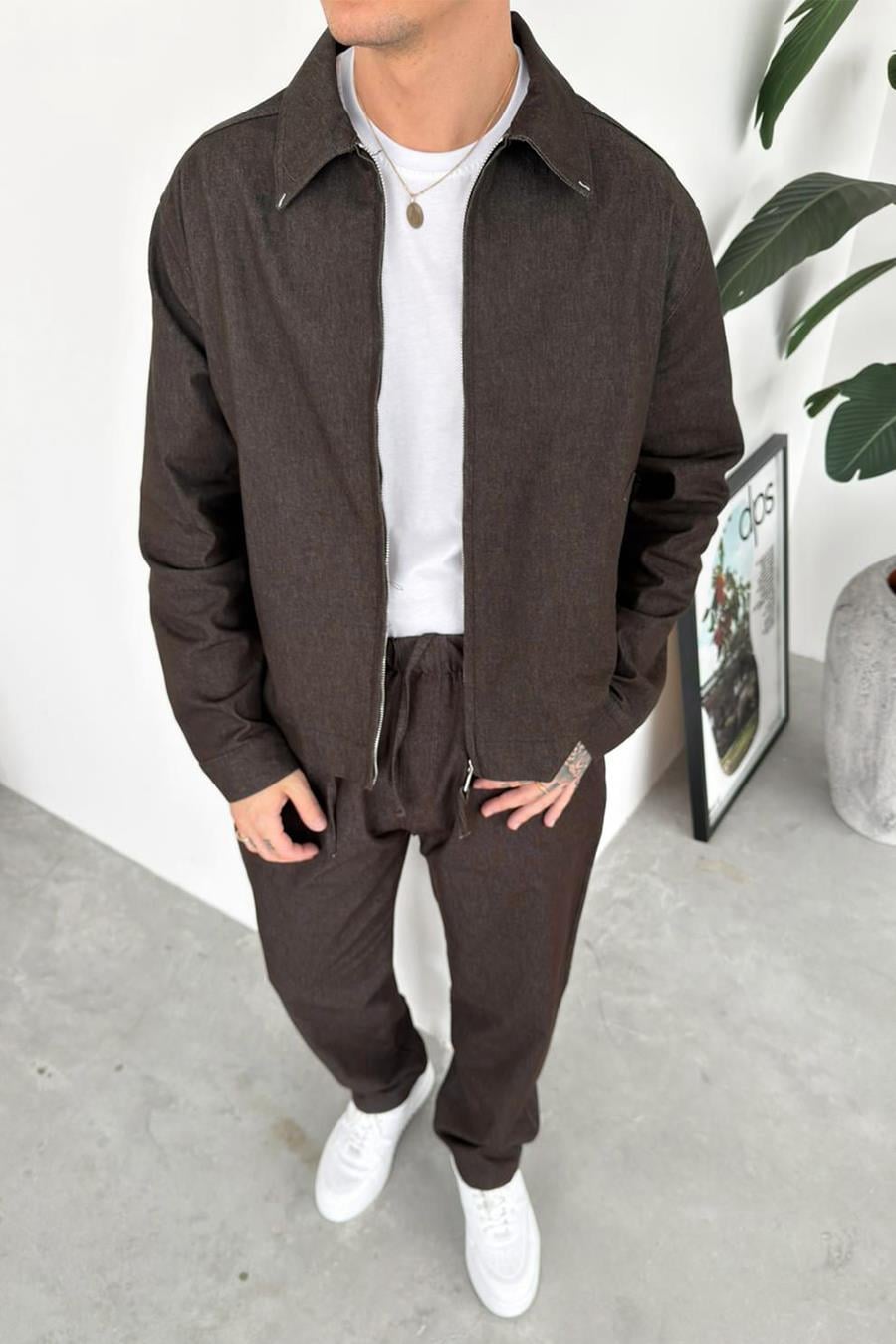 Kahverengi Fermuarlı Dokulu Relaxed Fit Boxy Ceket