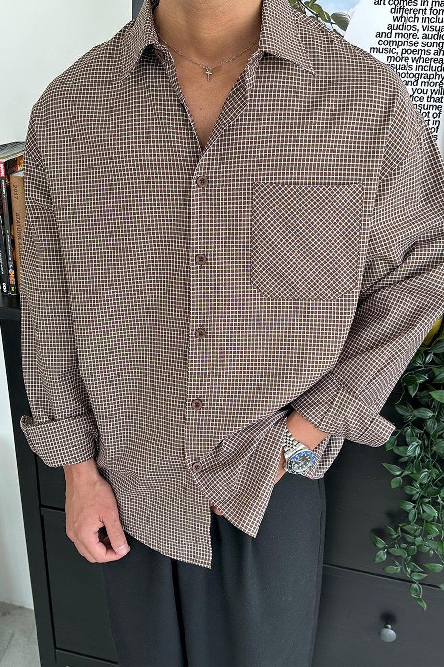 Kahverengi Kareli Old School Oversize Gömlek
