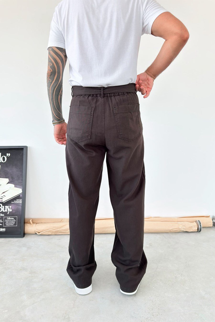 Kahverengi Kemer Detaylı Baggy Keten Pantolon