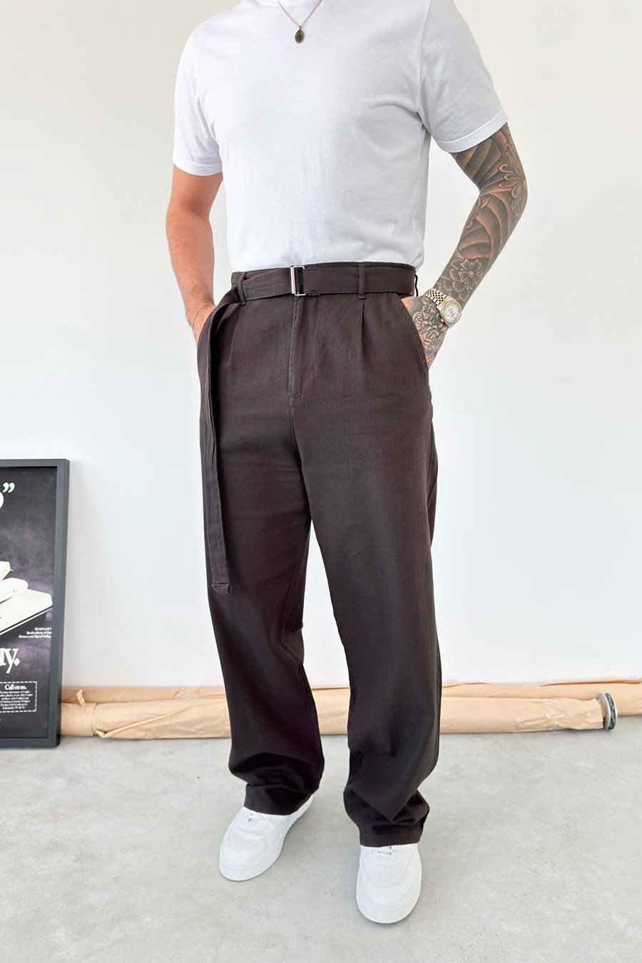 Kahverengi Kemer Detaylı Baggy Keten Pantolon