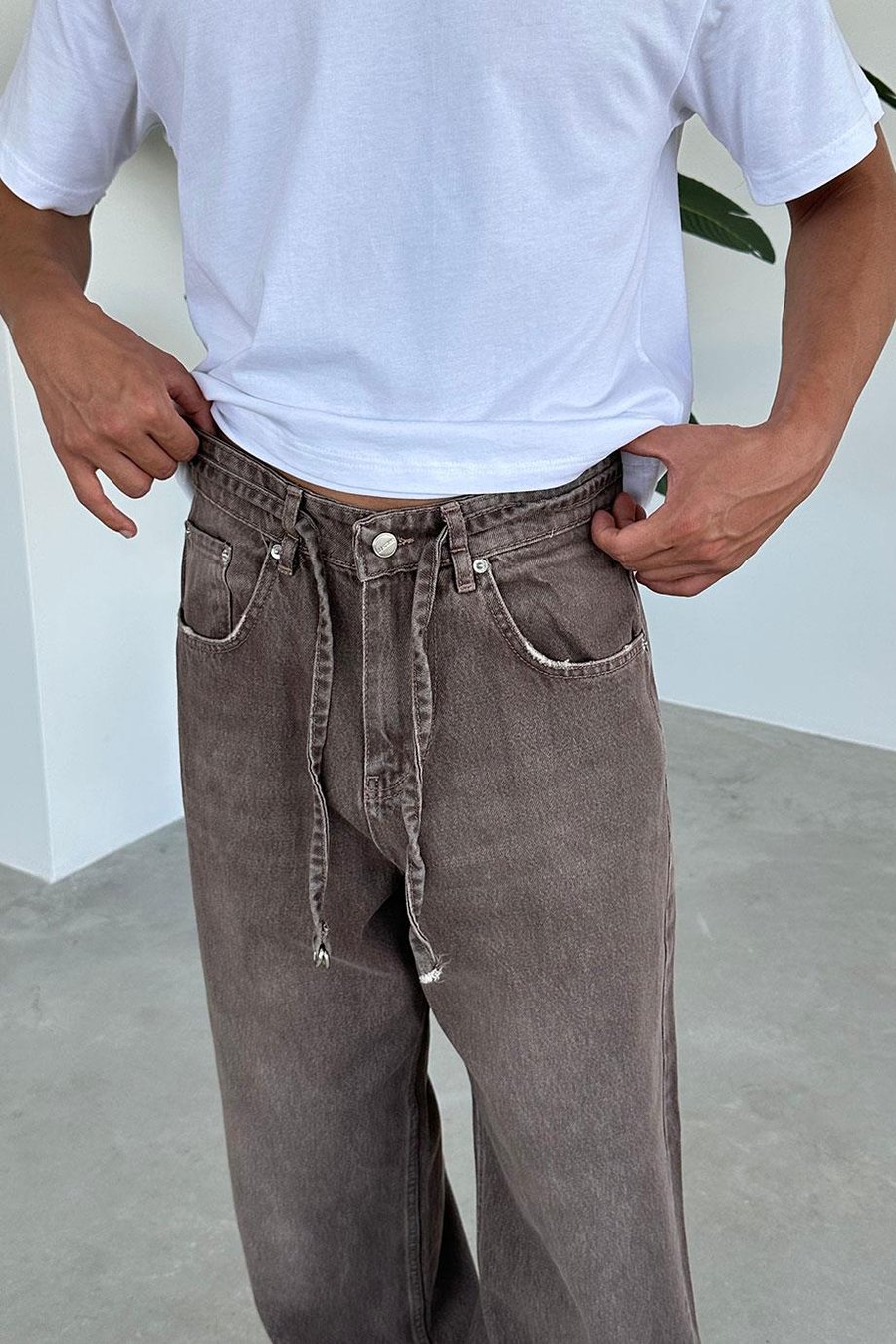 Kahverengi Kemerli Basic Ekstra Bol Baggy Pantolon