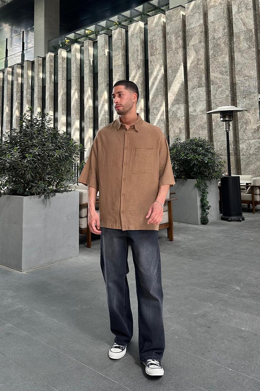 Kahverengi Keten Ön Cep Detay L7 BS Oversize Gömlek