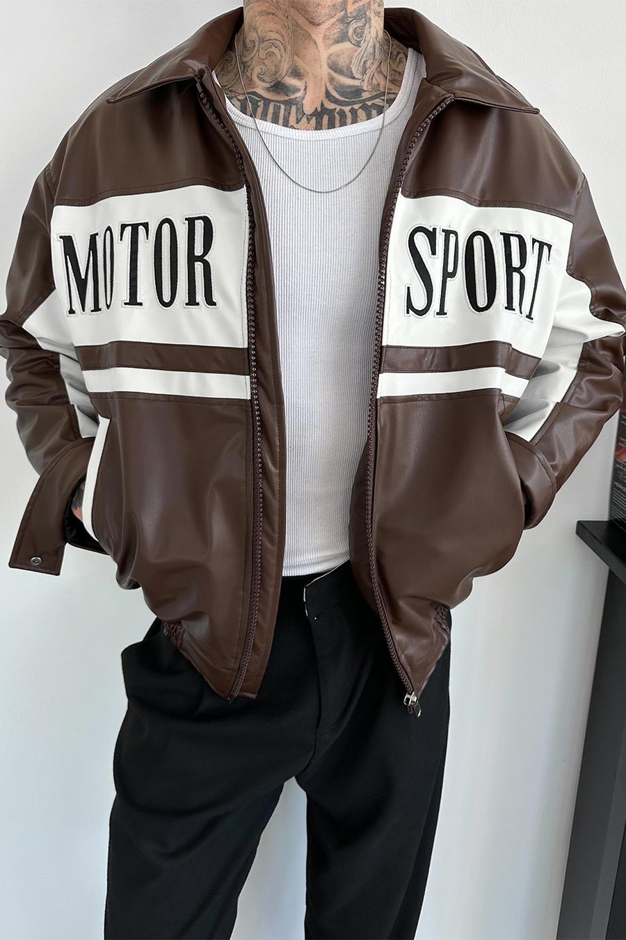 Kahverengi Motorsport Bomber Yarışçı Ceket