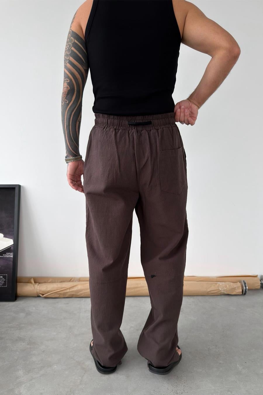 Kahverengi Nakışlı Baggy Keten Pantolon