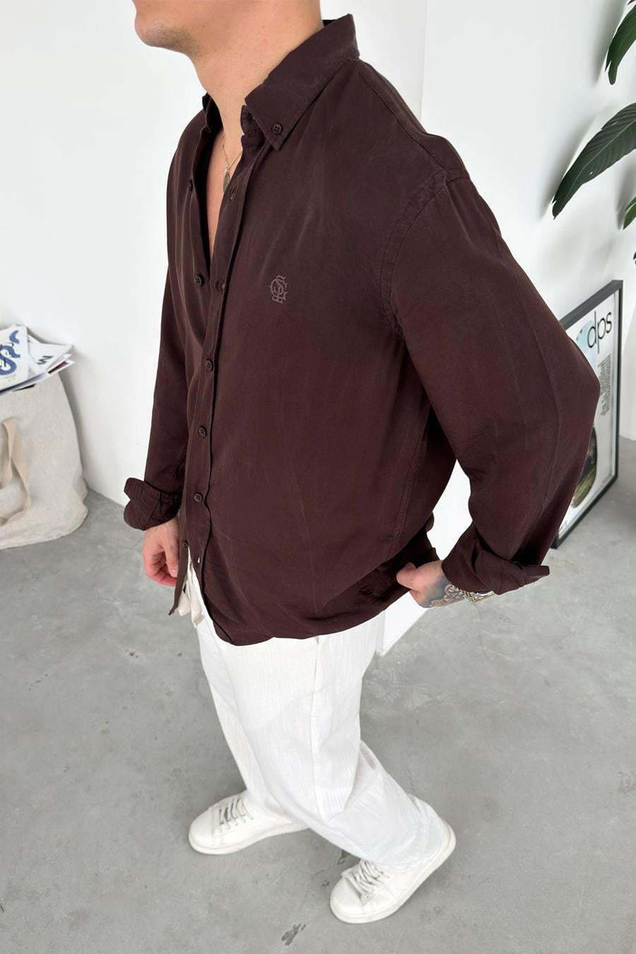 Kahverengi Nakışlı Oversize Modal Gömlek