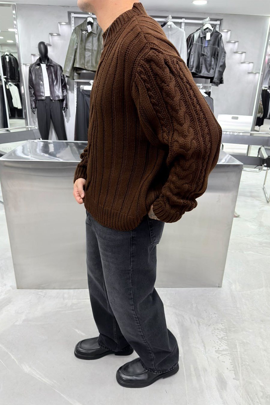 Kahverengi Örgü Desen Oversize Triko Kazak