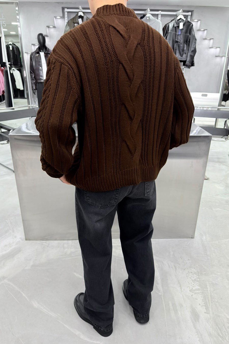 Kahverengi Örgü Desen Oversize Triko Kazak