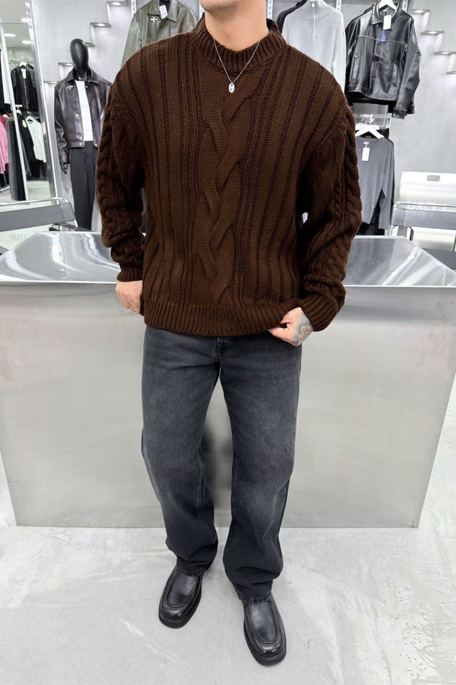 Kahverengi Örgü Desen Oversize Triko Kazak