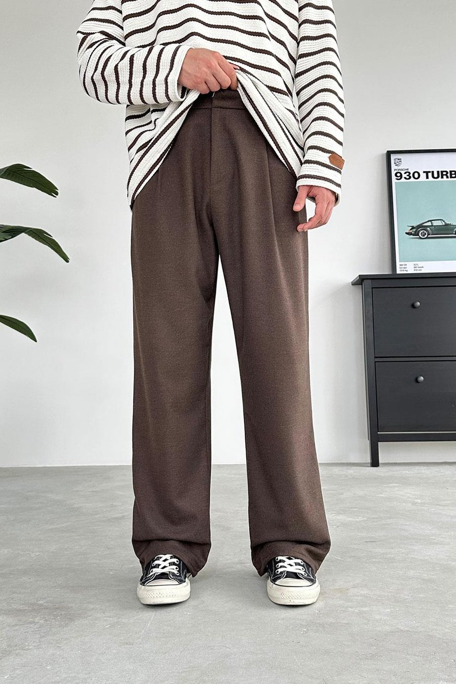 Kahverengi Pile Detay 01 Baggy Kumaş Pantolon