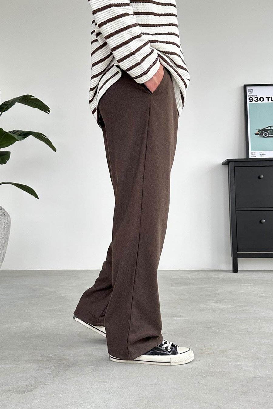 Kahverengi Pile Detay 01 Baggy Kumaş Pantolon