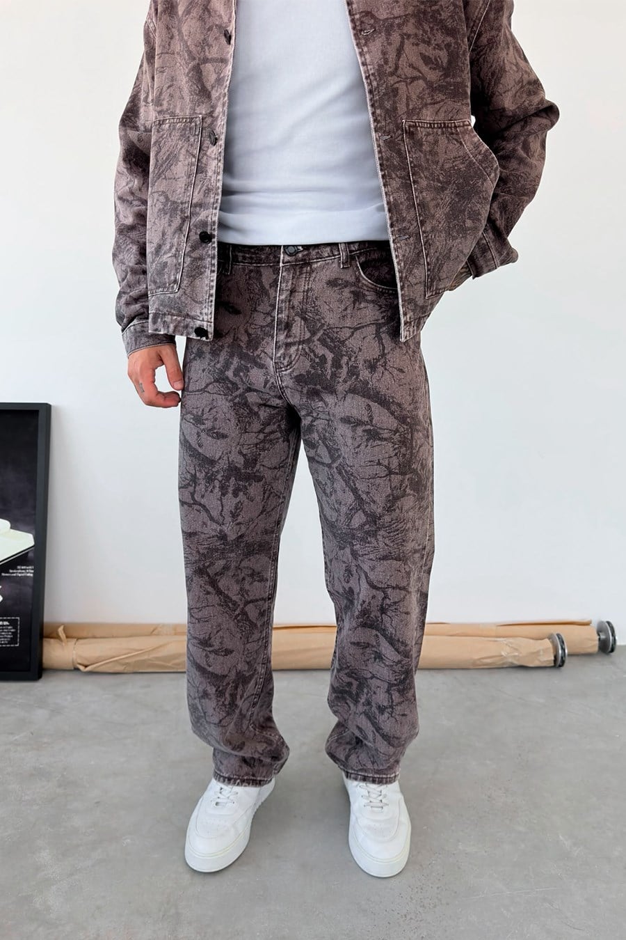 Kahverengi Premium Baskılı Denim Takım