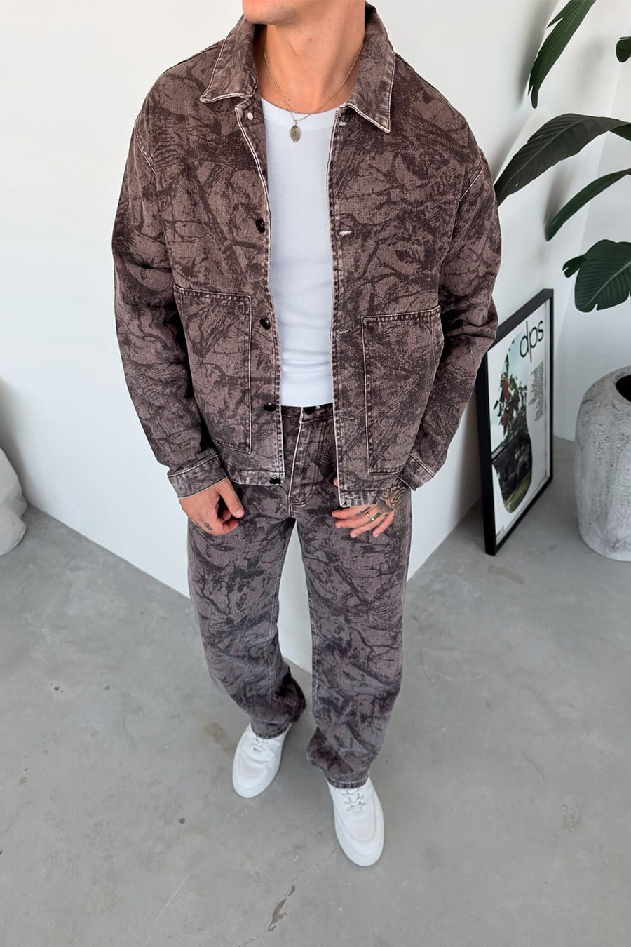 Kahverengi Premium Baskılı Denim Takım