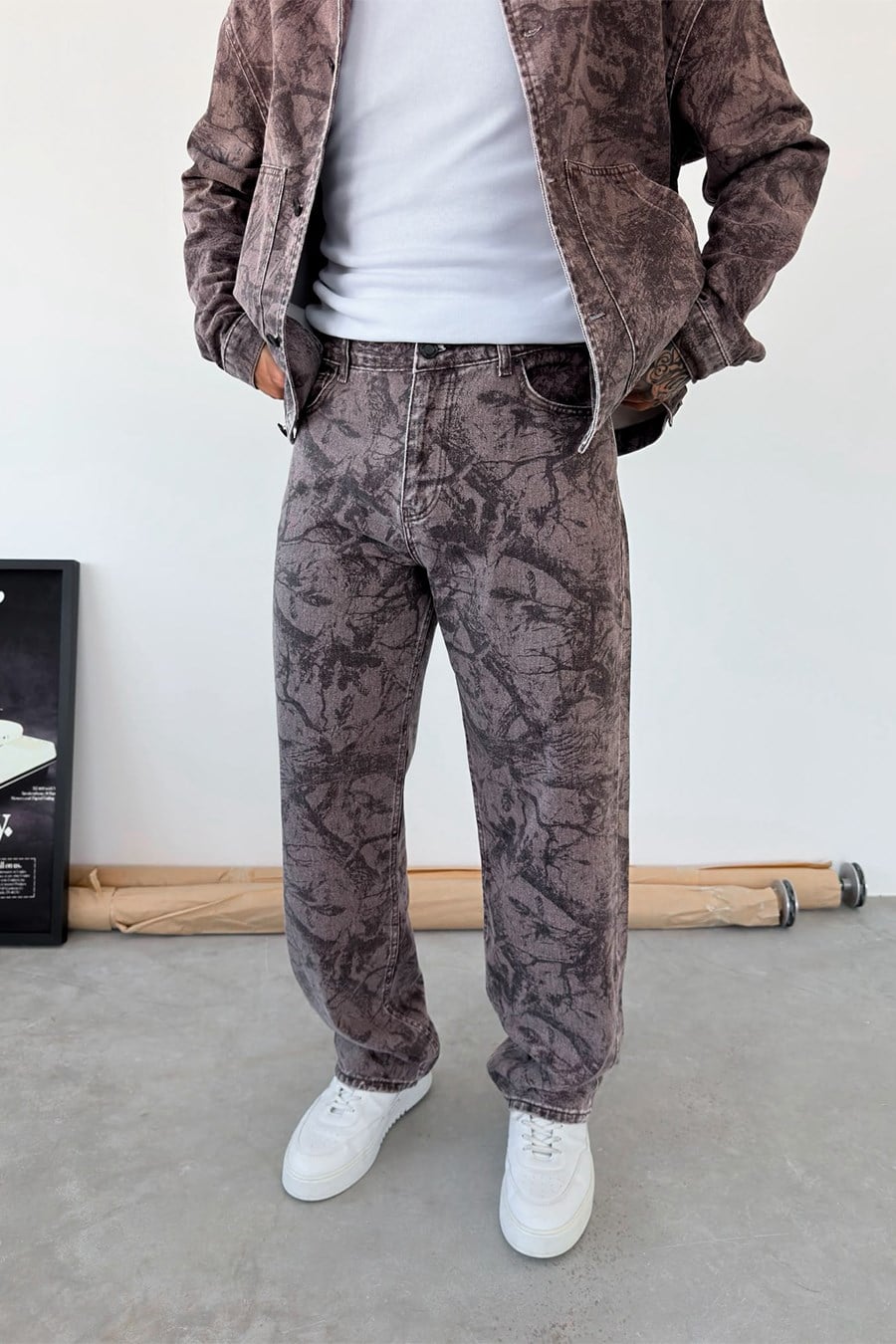 Kahverengi Premium Baskılı Denim Takım