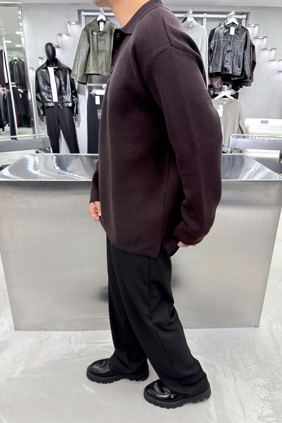 Kahverengi Soft Premium Oversize Triko Polo Yaka Kazak