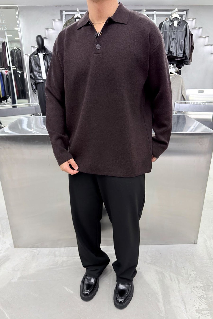 Kahverengi Soft Premium Oversize Triko Polo Yaka Kazak