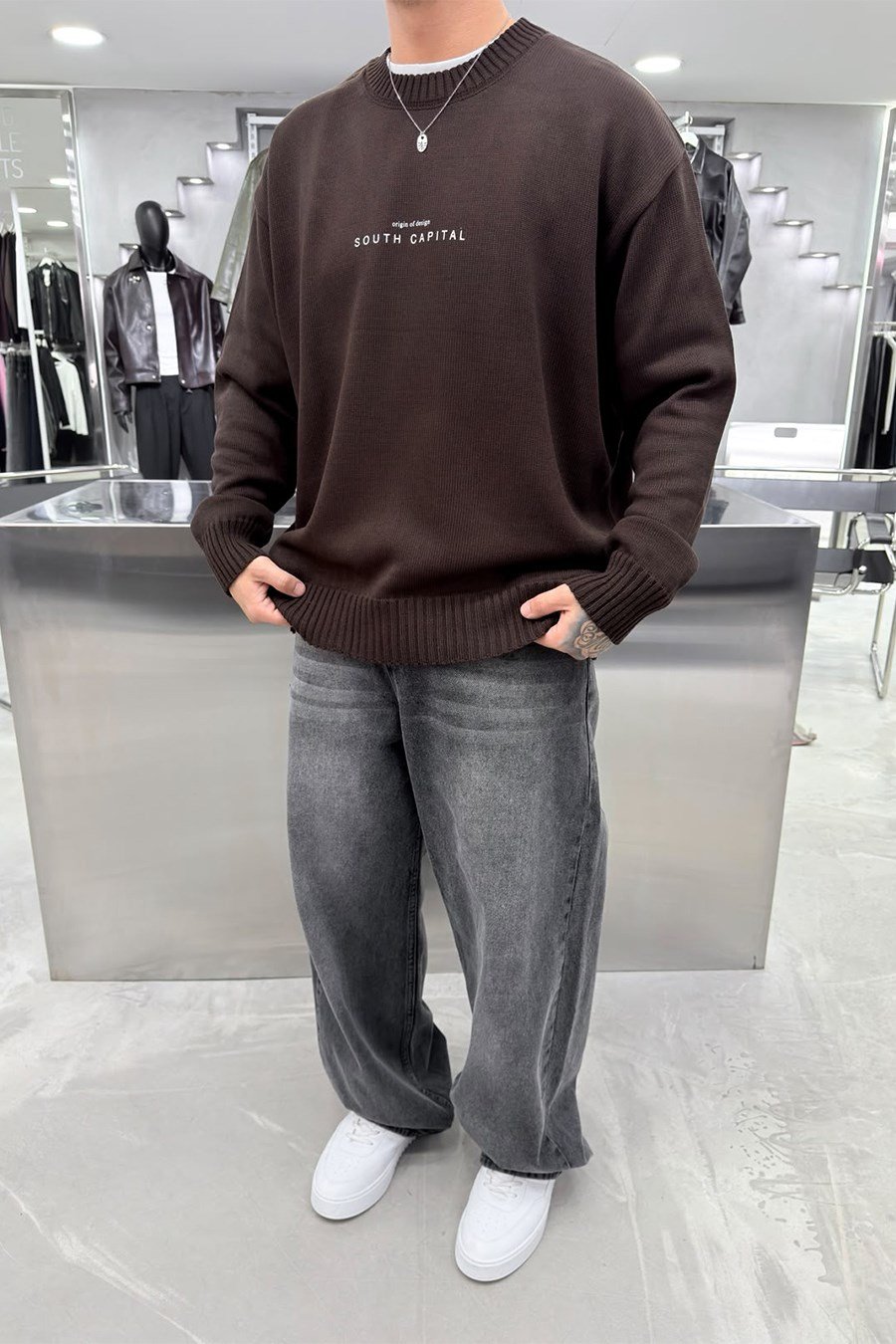 Kahverengi South Baskılı Oversize Kazak