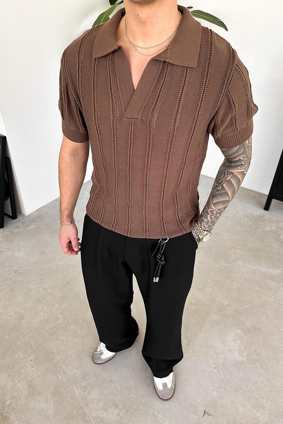 Kahverengi Striped Knitwear Relaxed Triko Polo Yaka Tişört
