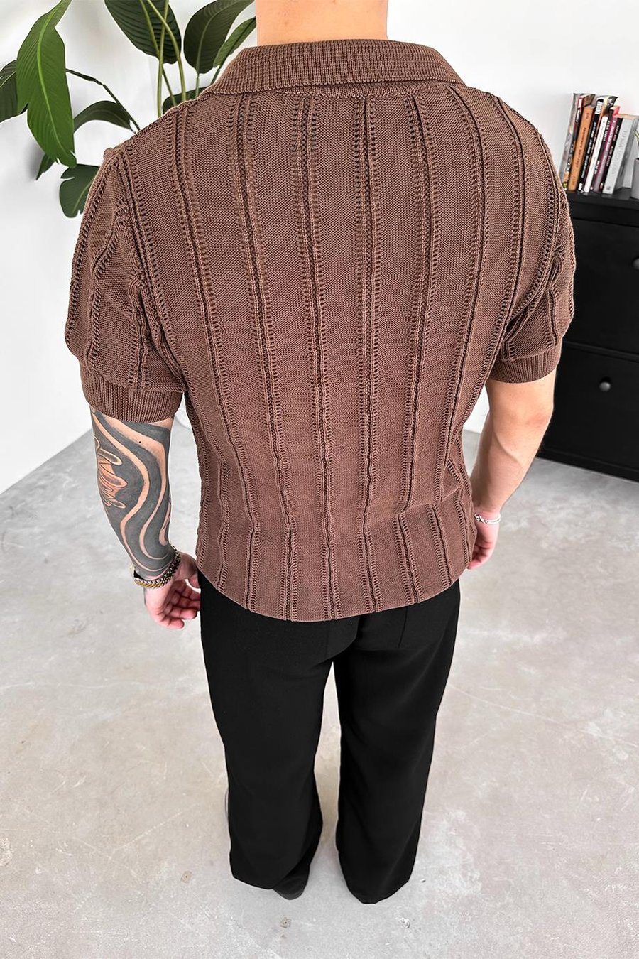 Kahverengi Striped Knitwear Relaxed Triko Polo Yaka Tişört