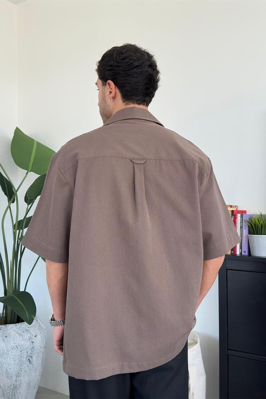 Kahverengi Tasarım Cep Detay Oversize Gömlek