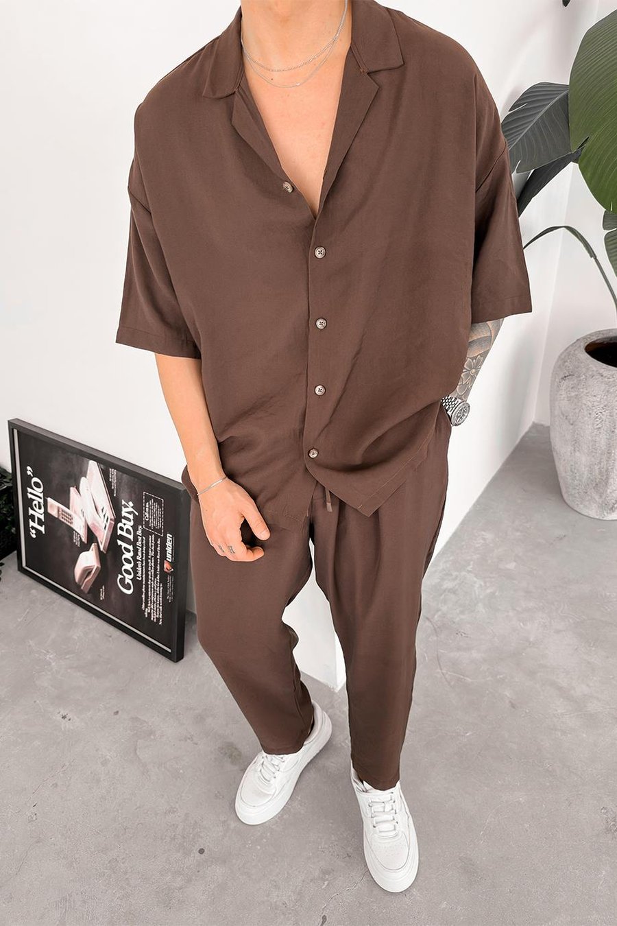 Kahverengi Tensel Basic Oversize Gömlek