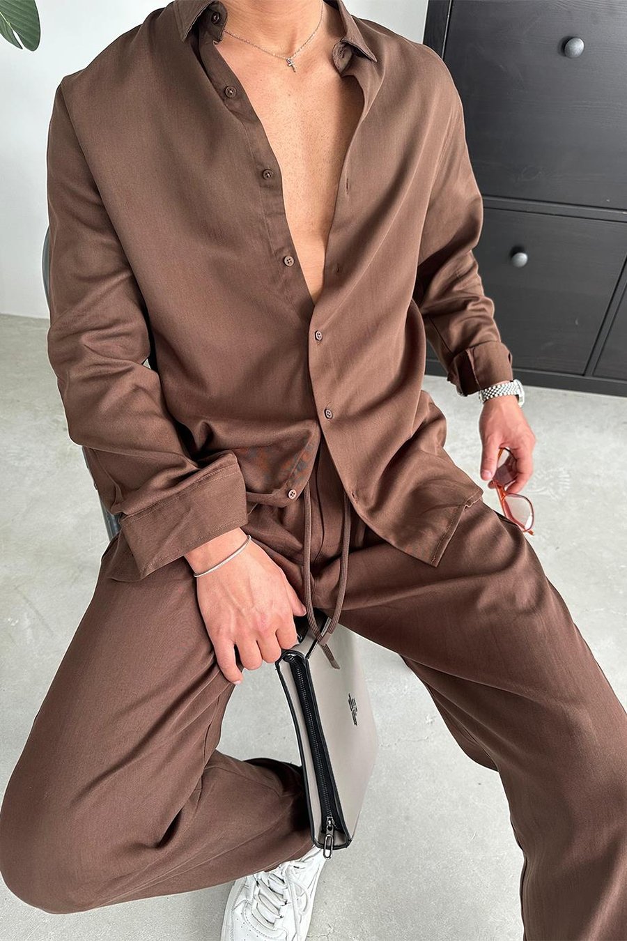 Kahverengi Tensel Kumaş Basic Relaxed Gömlek