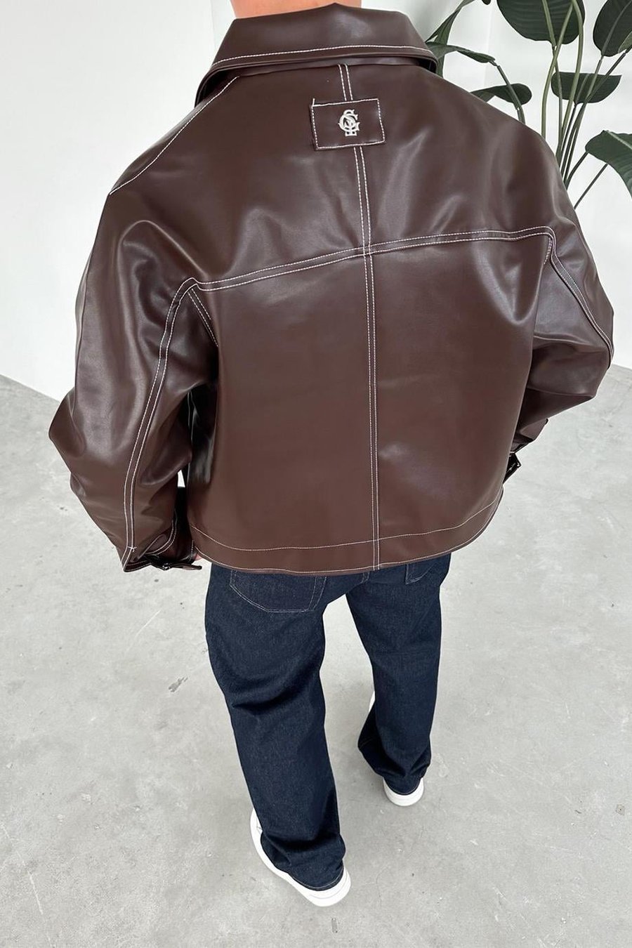 Kahverengi Ters Dikiş Crop Kesim Premium Deri Ceket