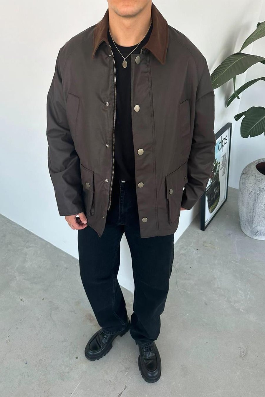 Kahverengi Waxed Çıt Çıt Cep Detay Oversize Ceket