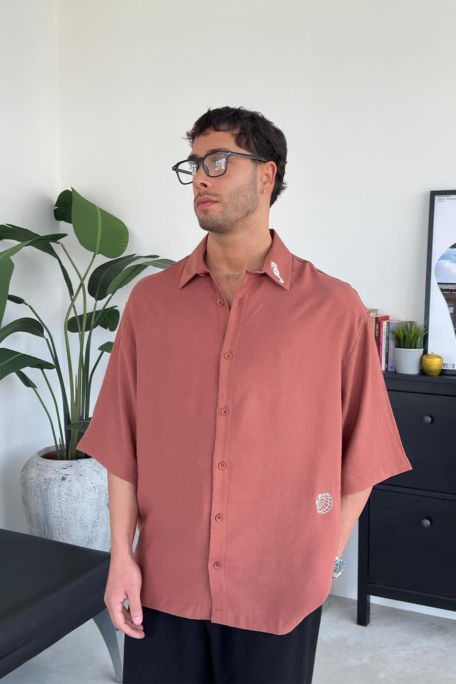 Kiremit Deniz Atı Nakış Detay BS Oversize Gömlek