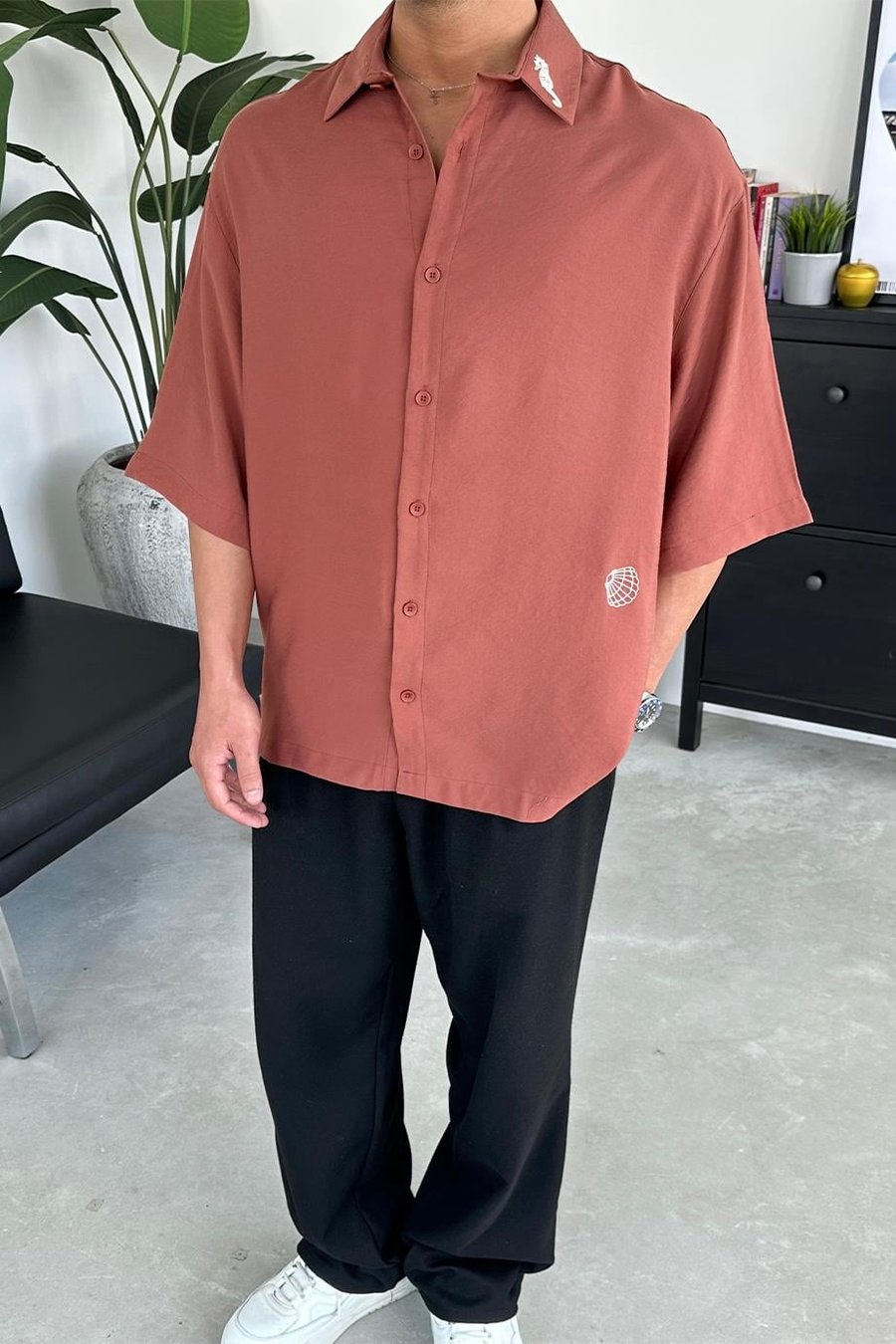 Kiremit Deniz Atı Nakış Detay BS Oversize Gömlek