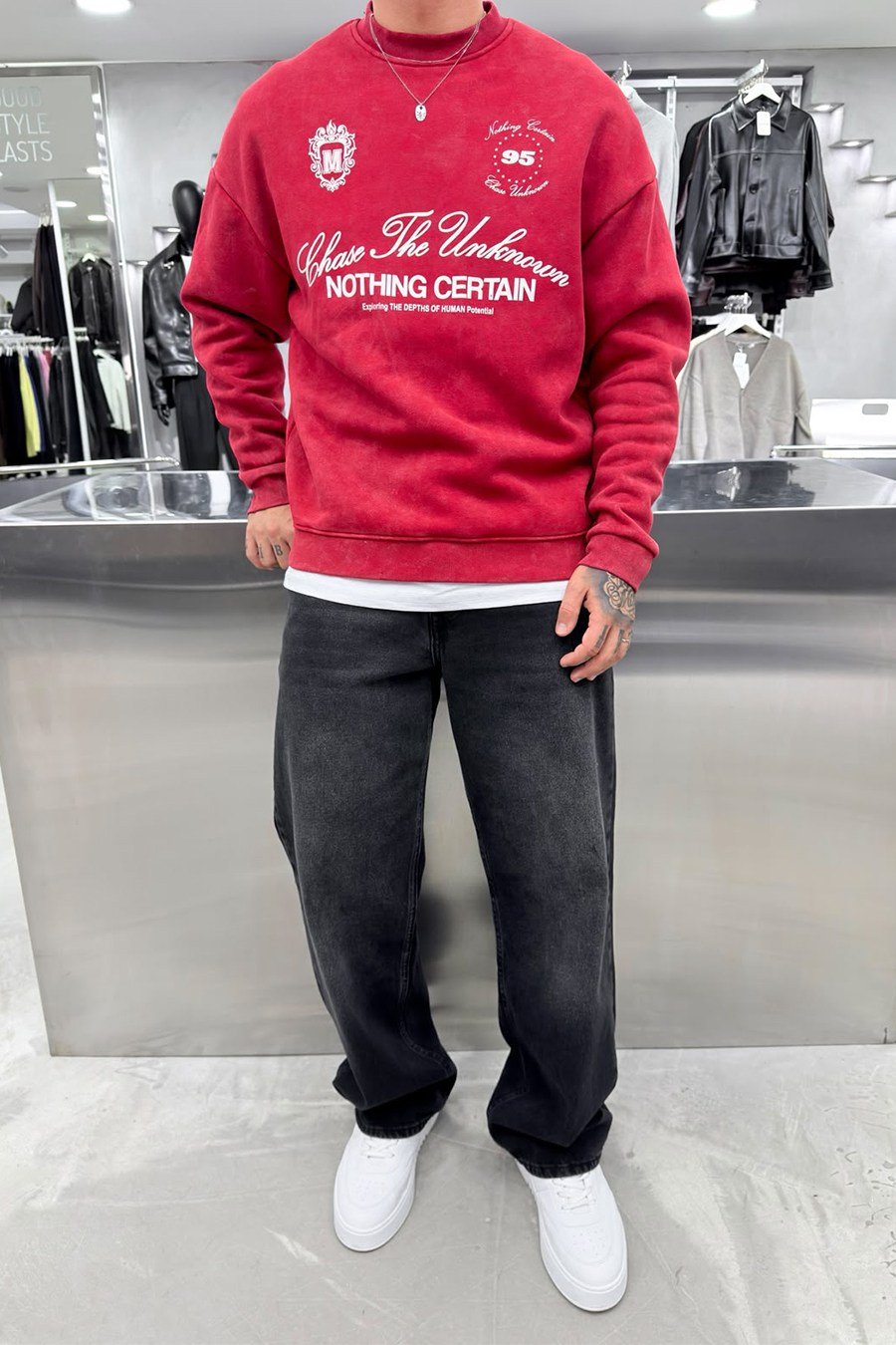 Kırmızı Nothing Baskılı Yıkamalı Oversize Sweatshirt