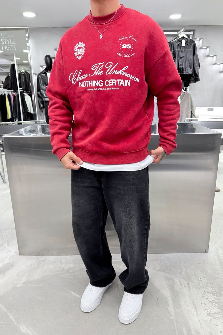 Kırmızı Nothing Baskılı Yıkamalı Oversize Sweatshirt