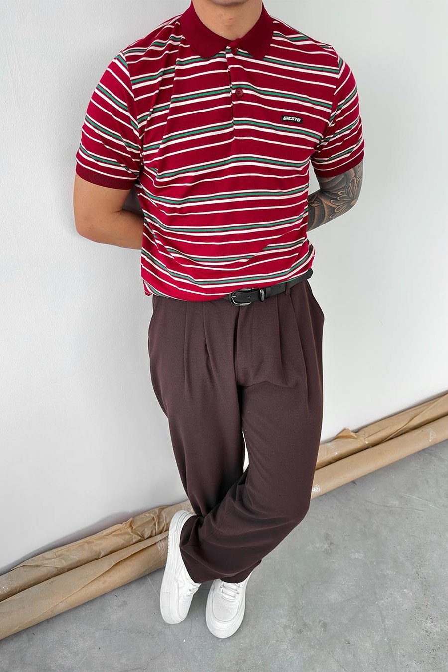 Kırmızı Retro Çizgili Regular Polo Yaka Tişört