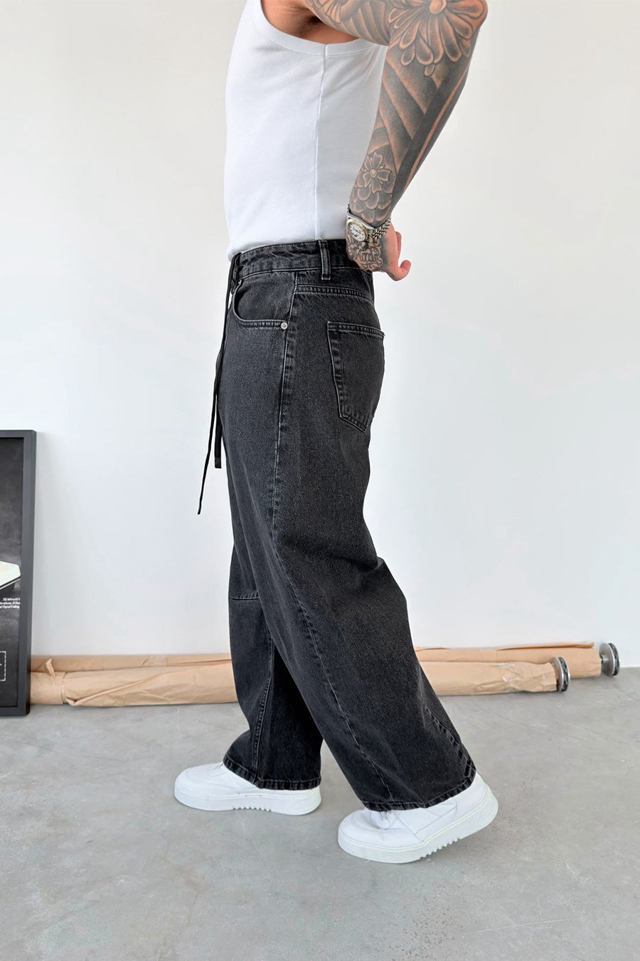 Koyu Füme Beli İpli Süper Baggy Fit Pantolon