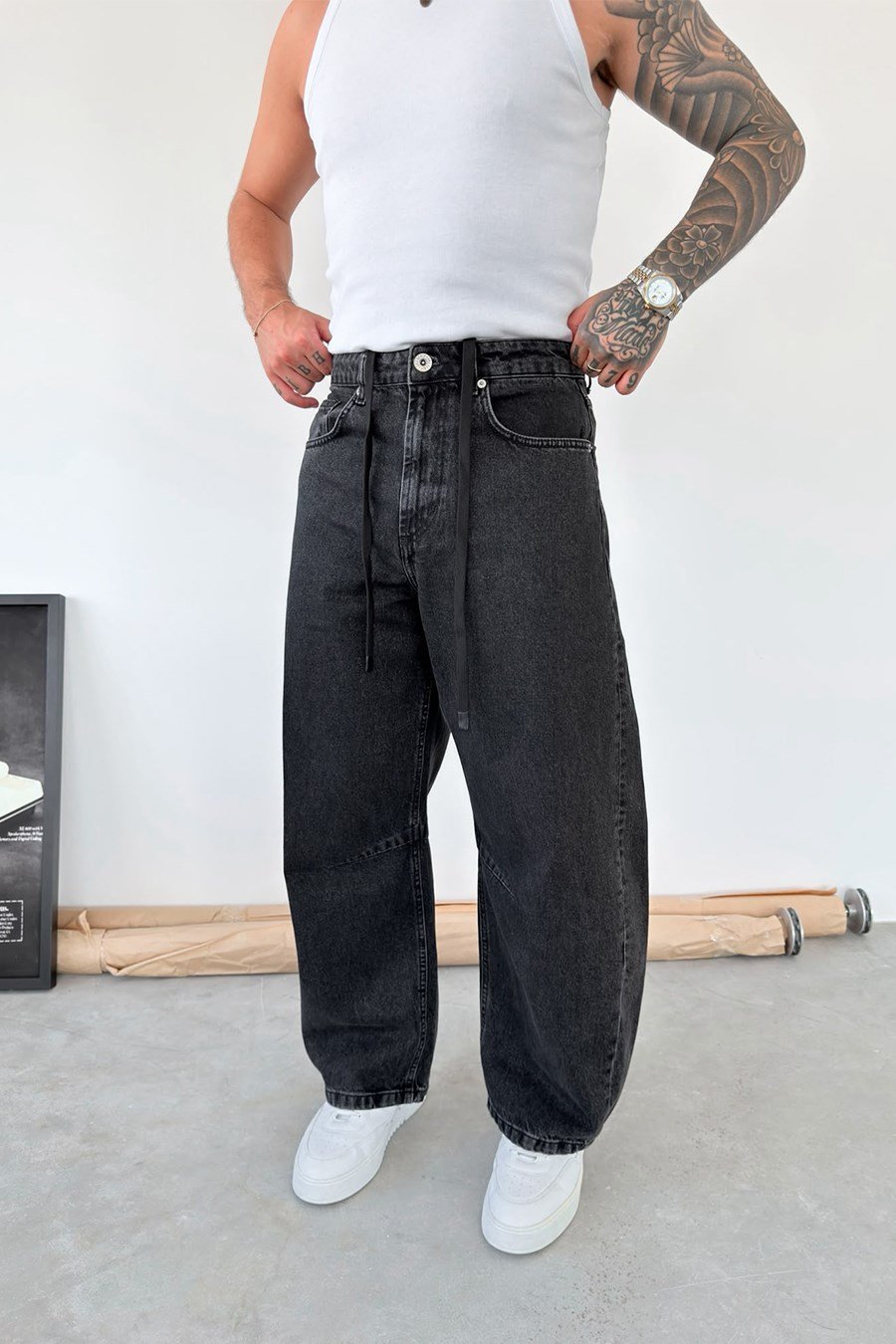 Koyu Füme Beli İpli Süper Baggy Fit Pantolon