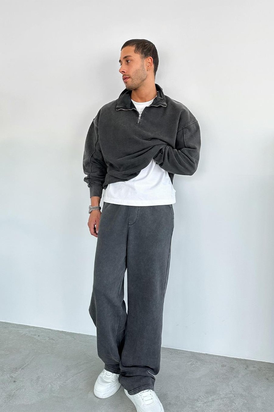 Koyu Gri Acid Wash Yarım Fermuar Oversize Sweatshirt