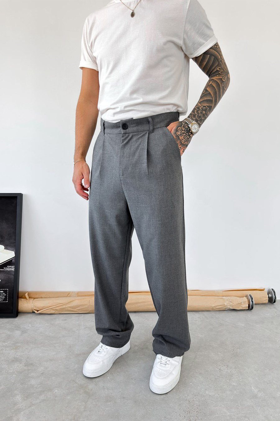 Koyu Gri Pileli Baggy Fit Kumaş Pantolon