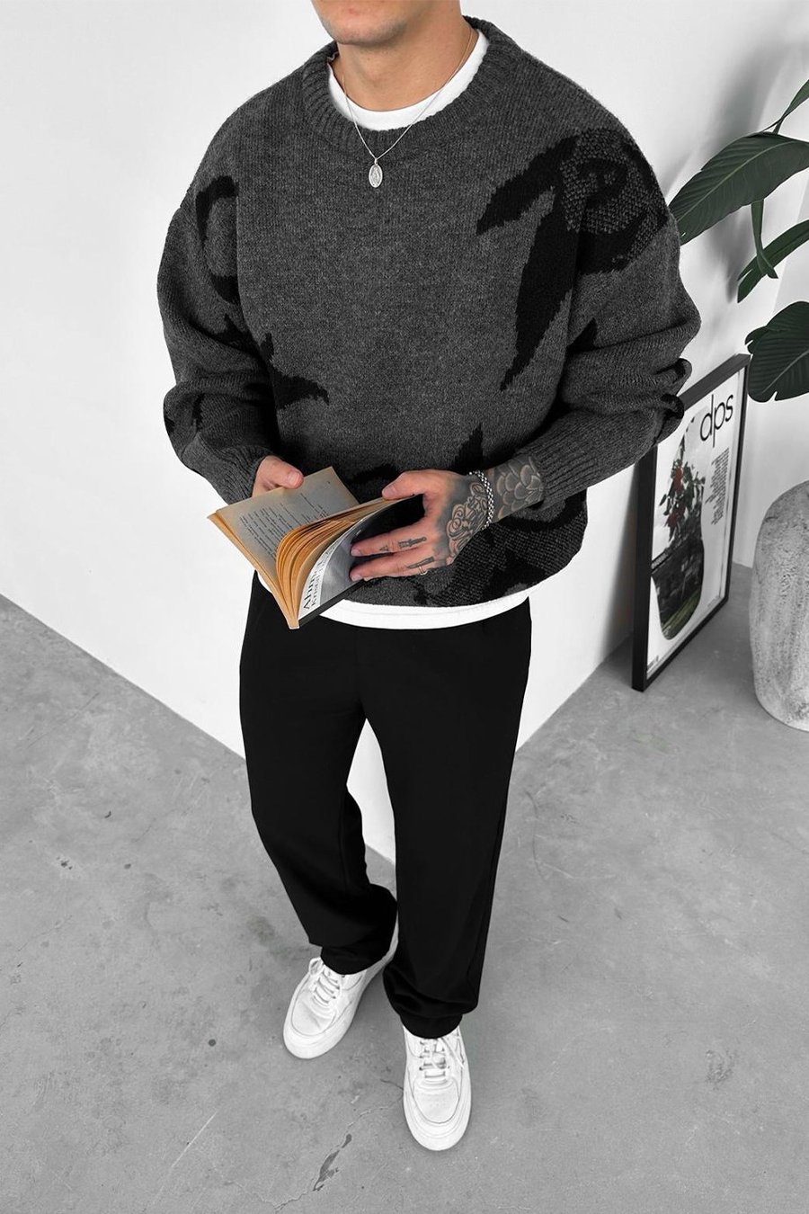 Koyu Gri Premium Baskılı Oversize Kazak